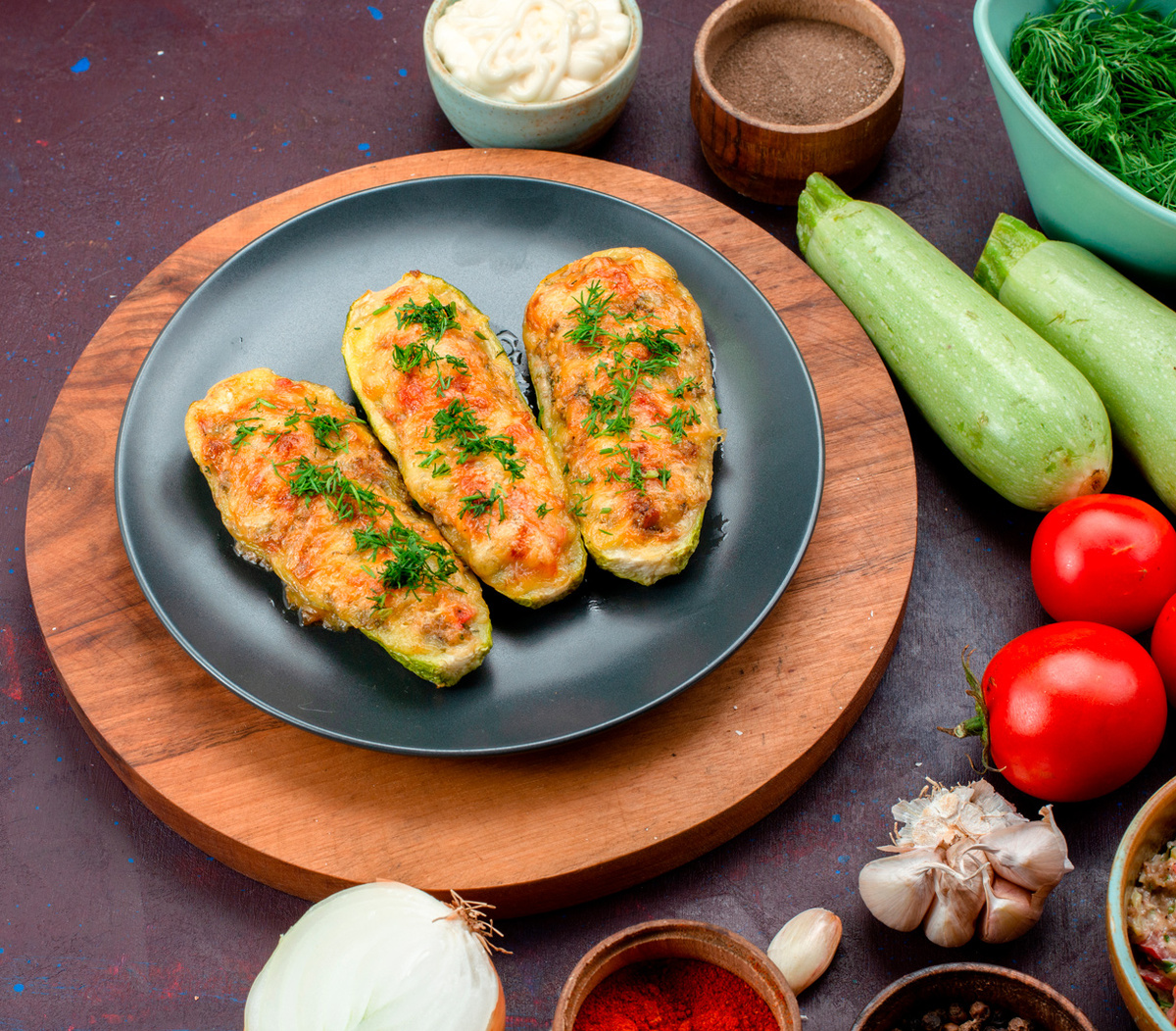 Легкие запеченные кабачки с куриной начинкой