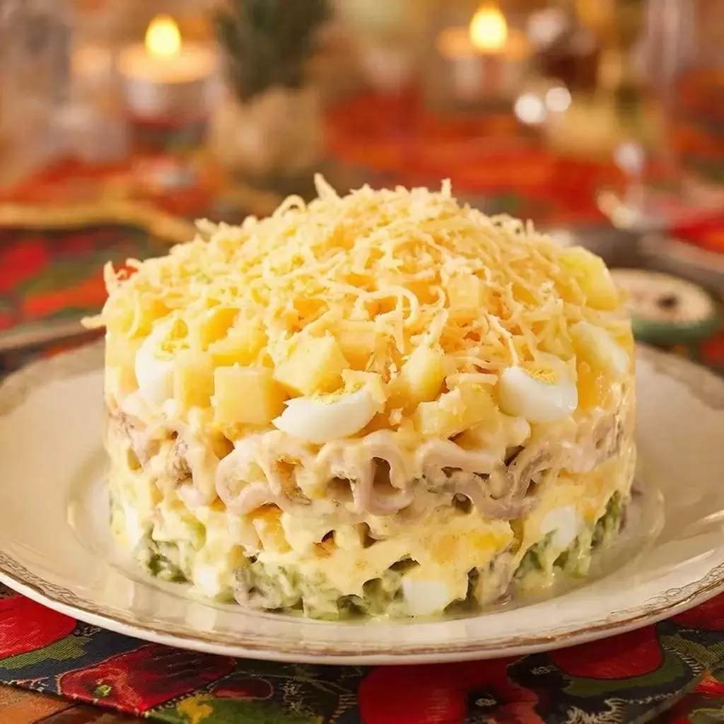 Салат "Адмирал" с кальмарами и ананасами